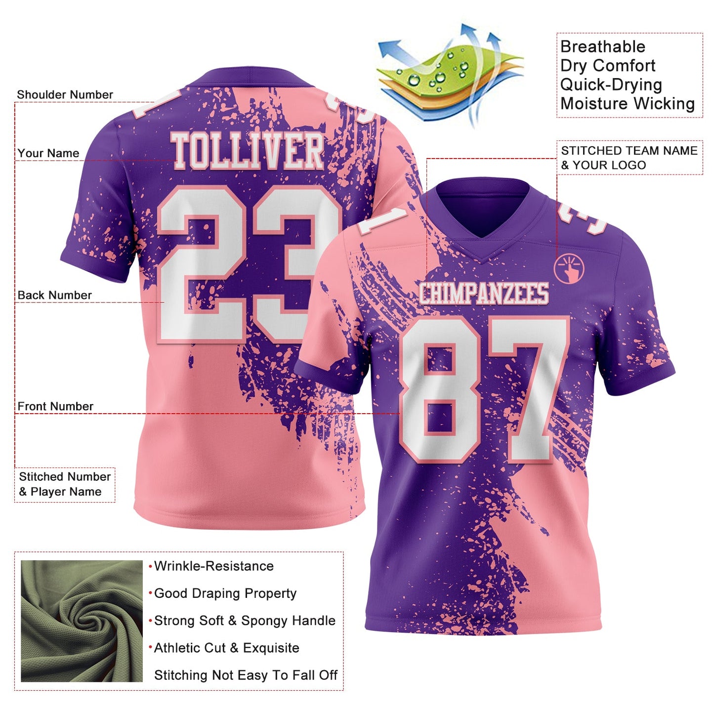 Custom Purple White-Medium Pink 3D Pattern Abstract Brush Stroke Authentic Football Jersey view 2