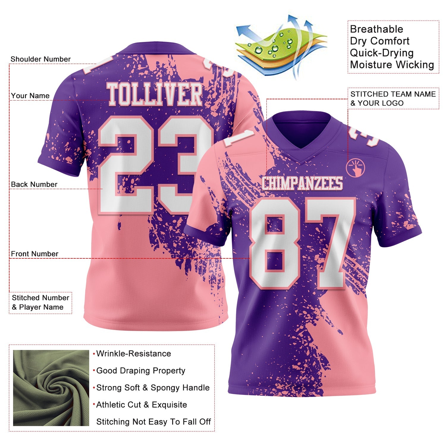 Custom Purple White-Medium Pink 3D Pattern Abstract Brush Stroke Authentic Football Jersey view 2