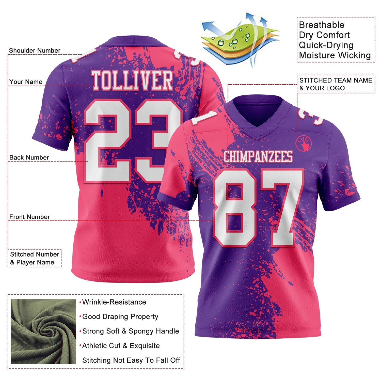 Custom Purple White-Neon Pink 3D Pattern Abstract Brush Stroke Authentic Football Jersey view 2