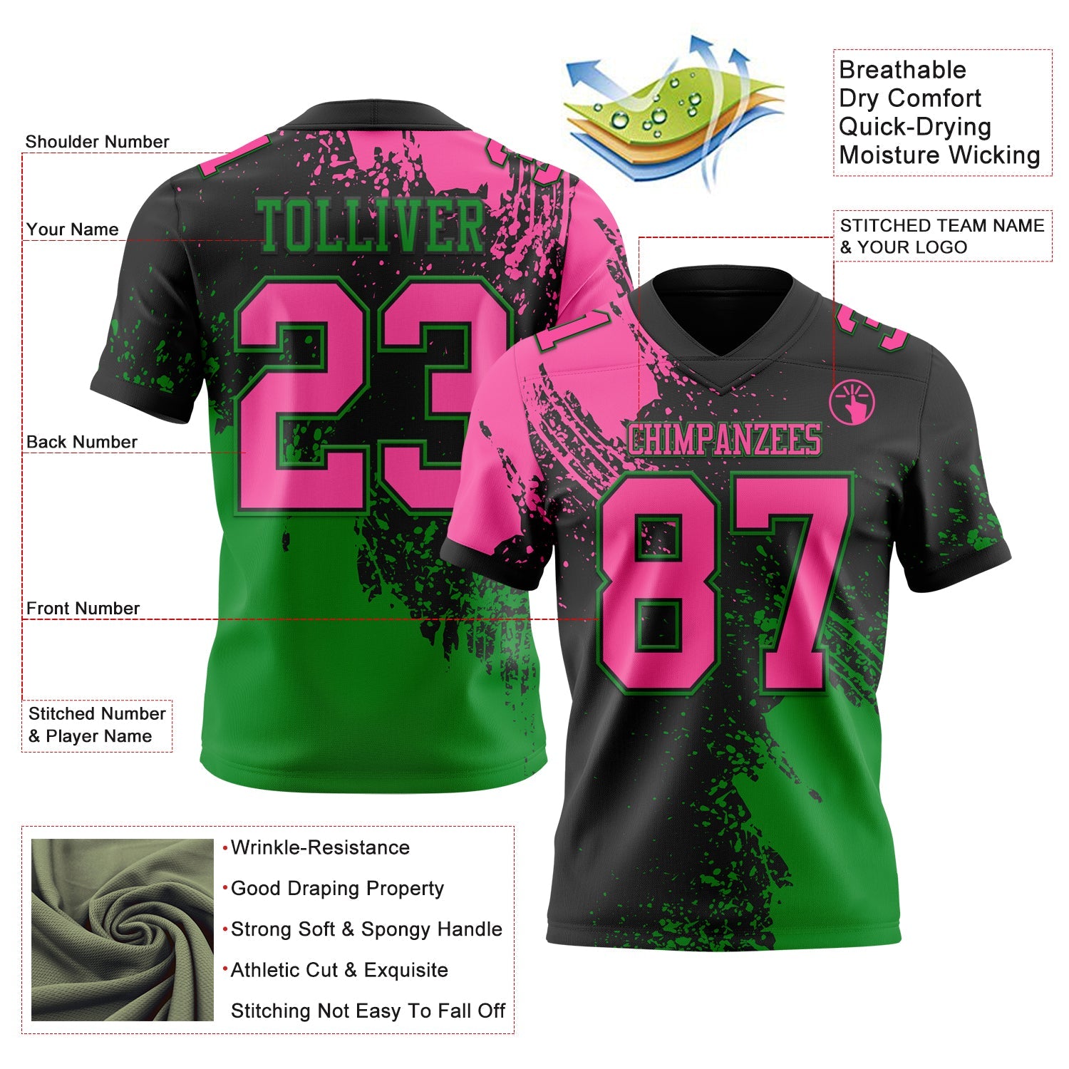 Custom Black Pink-Grass Green 3D Pattern Abstract Brush Stroke Authentic Football Jersey view 2