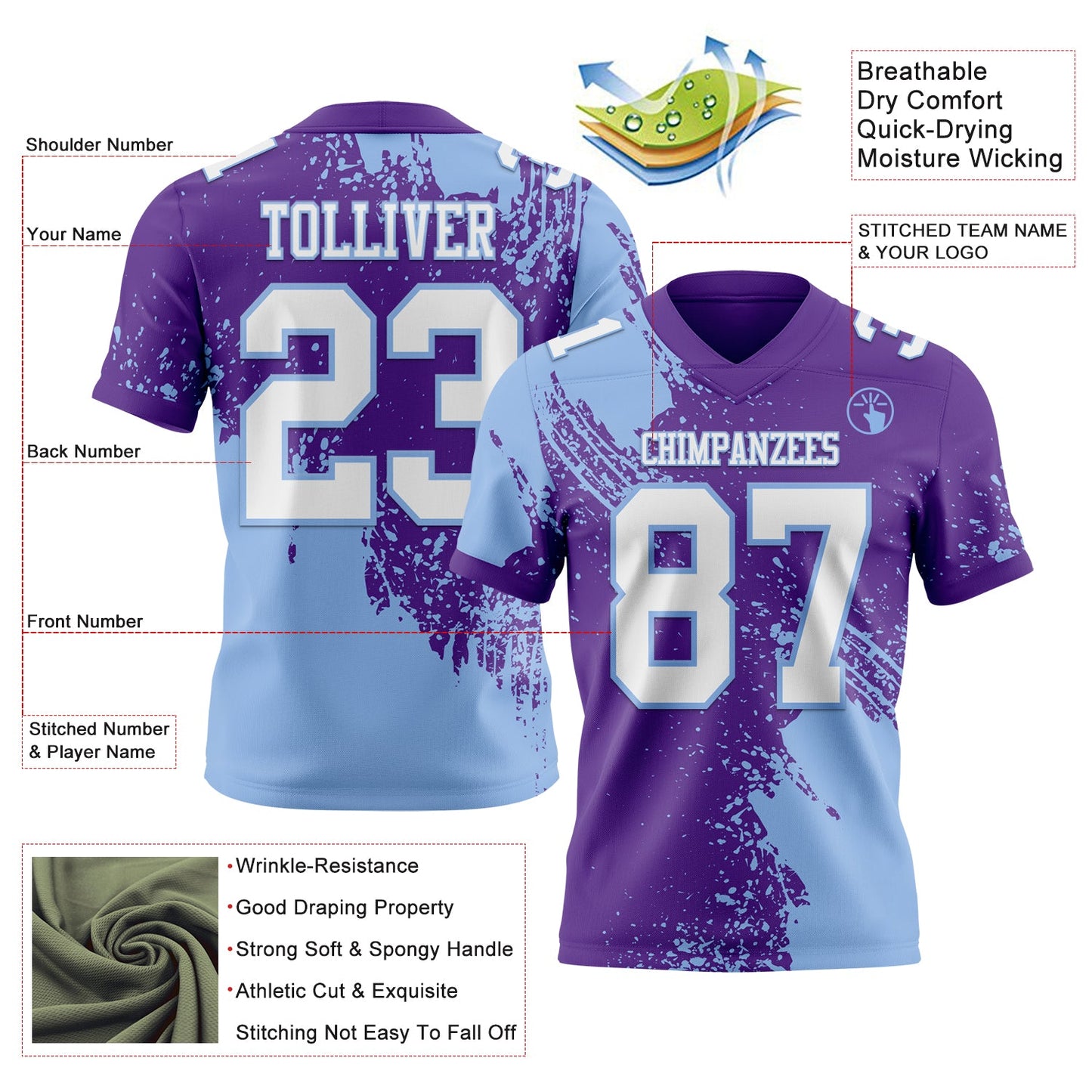 Custom Purple White-Light Blue 3D Pattern Abstract Brush Stroke Authentic Football Jersey view 2
