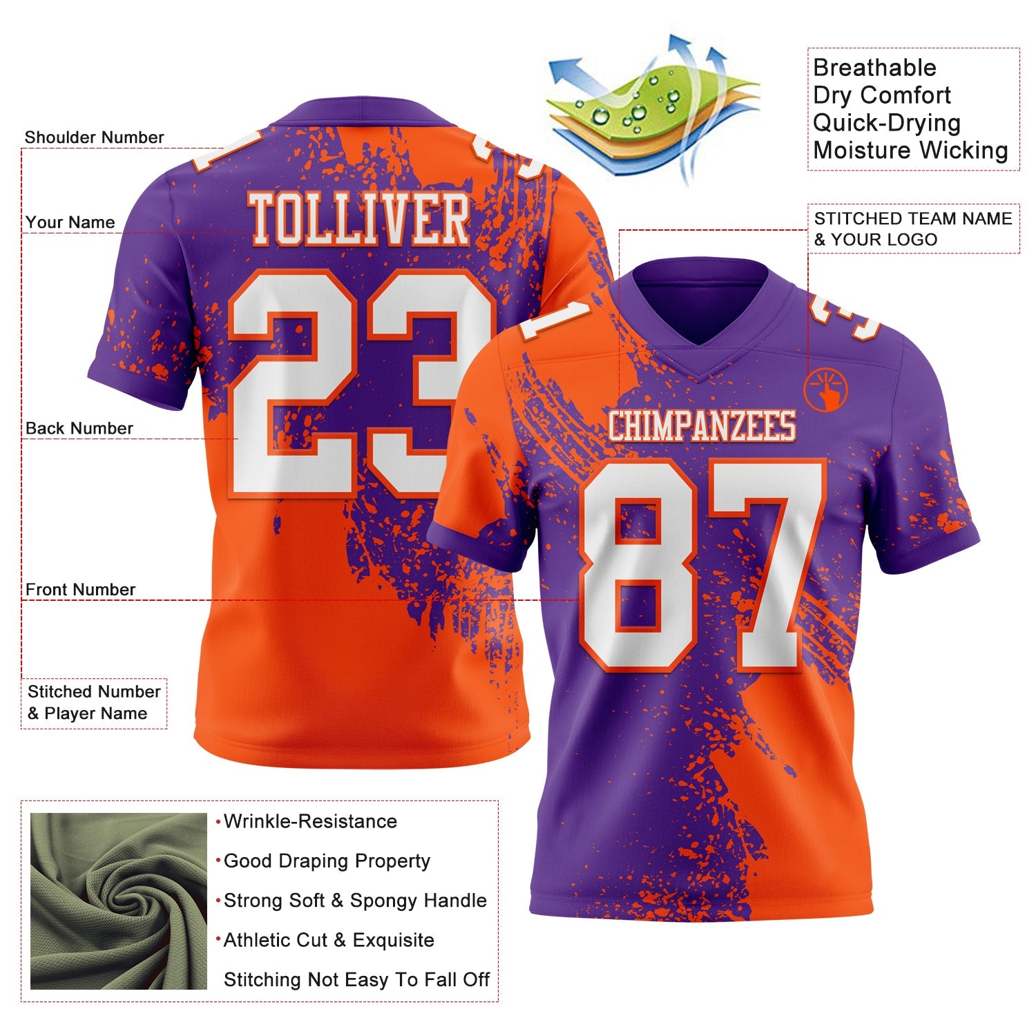 Custom Purple White-Orange 3D Pattern Abstract Brush Stroke Authentic Football Jersey view 2