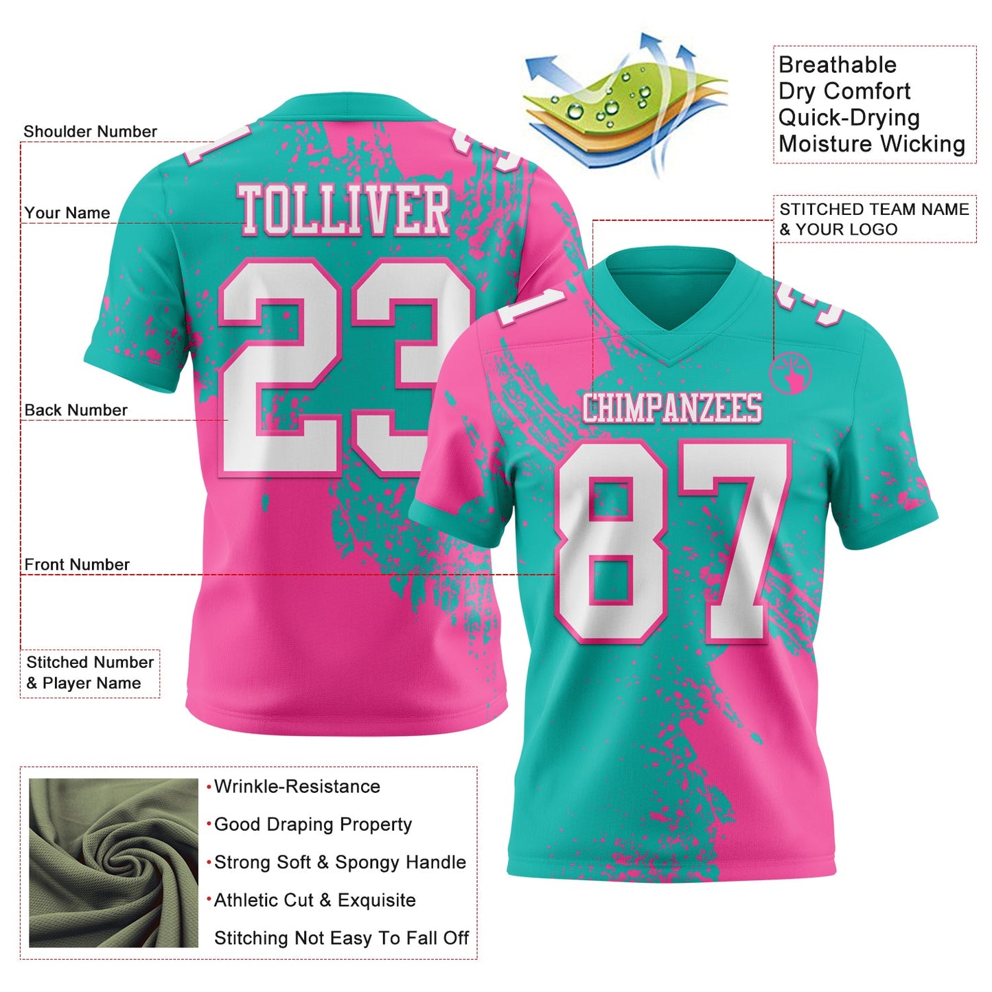 Custom Aqua White-Pink 3D Pattern Abstract Brush Stroke Authentic Football Jersey view 2