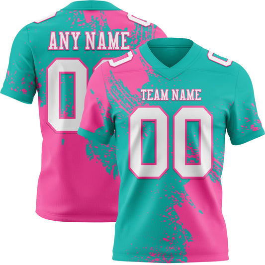 Custom Aqua White-Pink 3D Pattern Abstract Brush Stroke Authentic Football Jersey - Main View