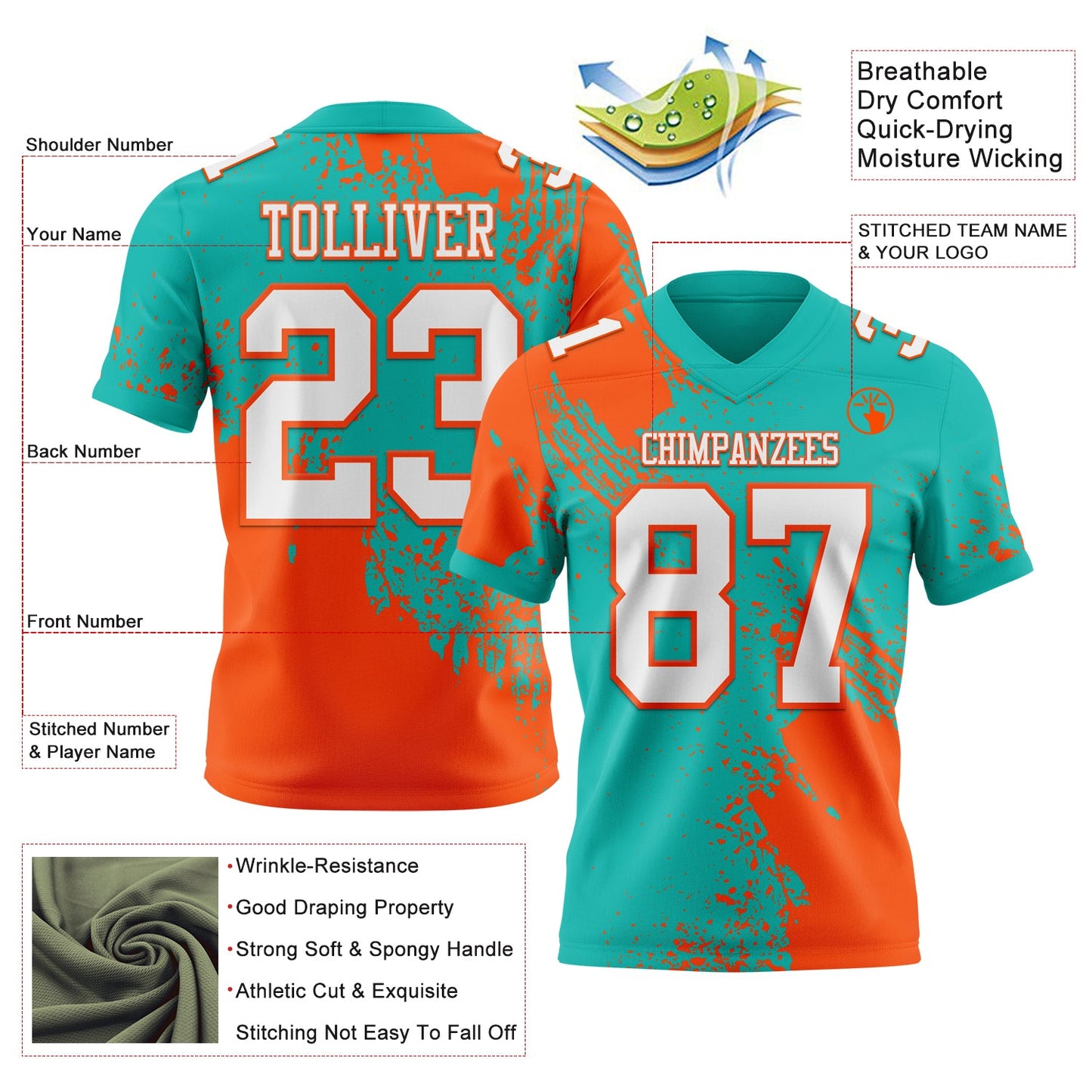 Custom Aqua White-Orange 3D Pattern Abstract Brush Stroke Authentic Football Jersey view 2