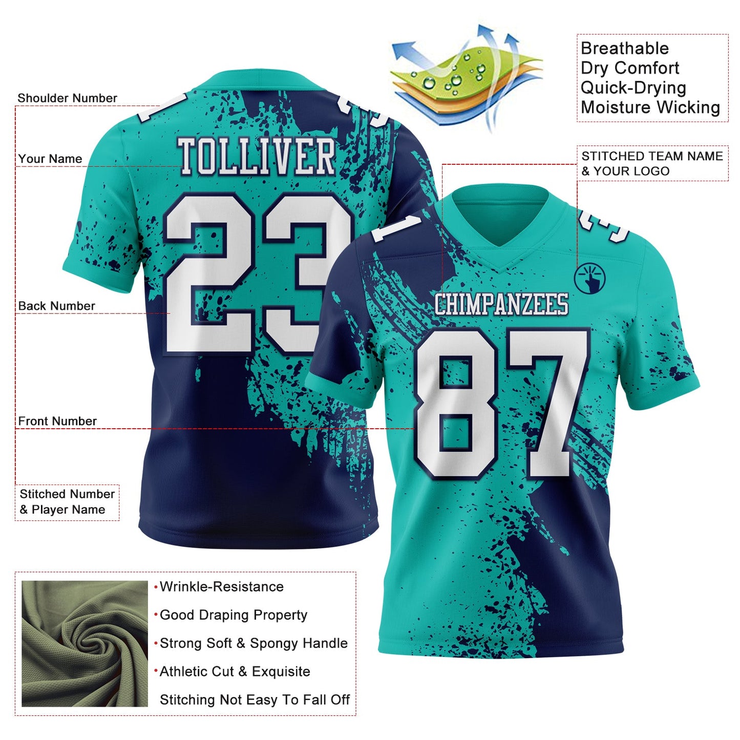 Custom Aqua White-Navy 3D Pattern Abstract Brush Stroke Authentic Football Jersey view 2