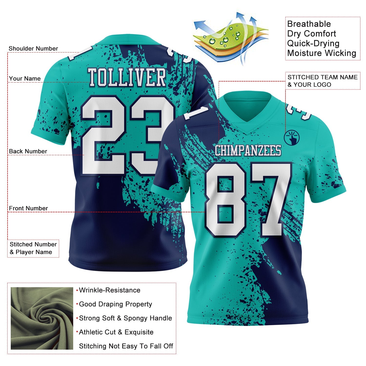 Custom Aqua White-Navy 3D Pattern Abstract Brush Stroke Authentic Football Jersey view 2