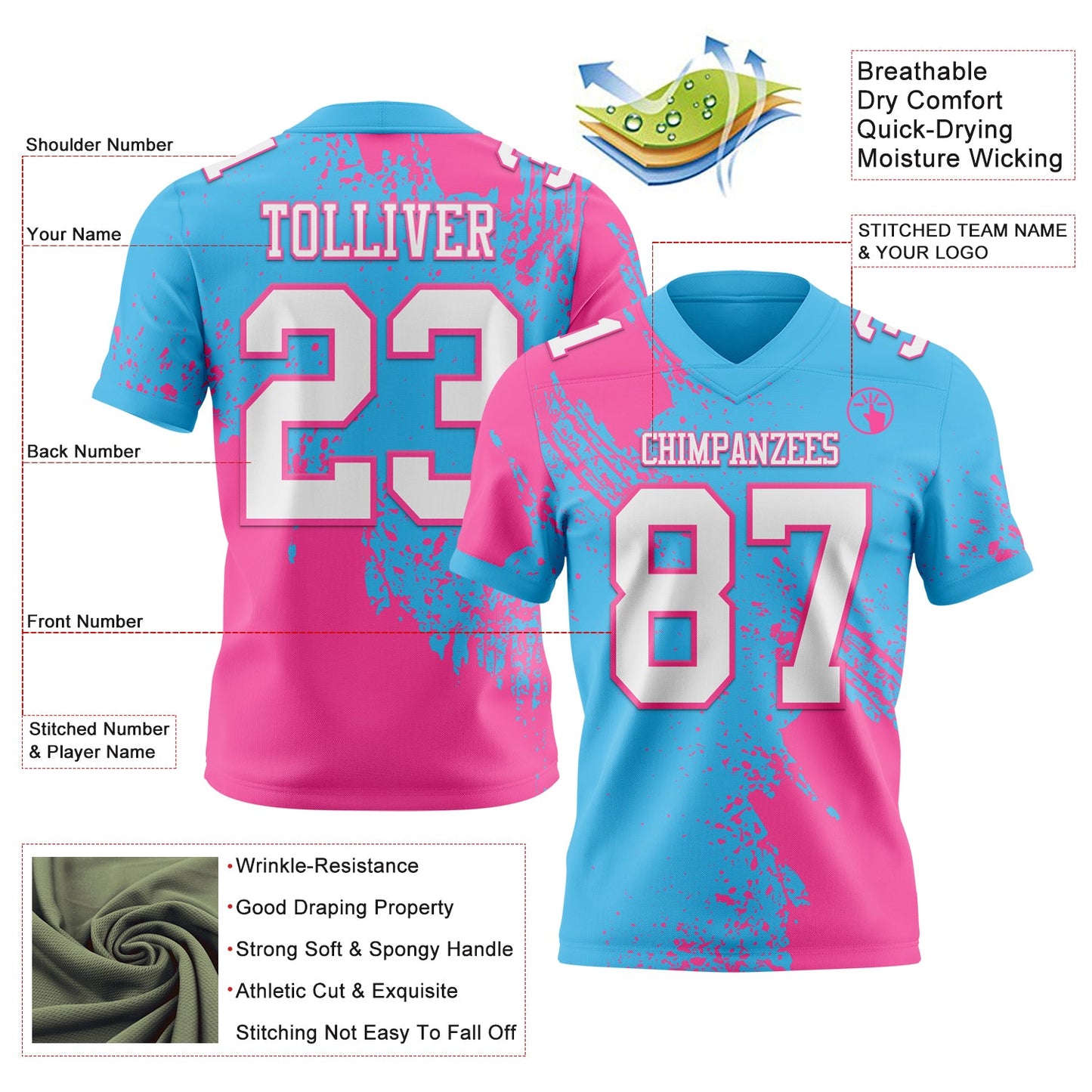 Custom Sky Blue White-Pink 3D Pattern Abstract Brush Stroke Authentic Football Jersey view 2
