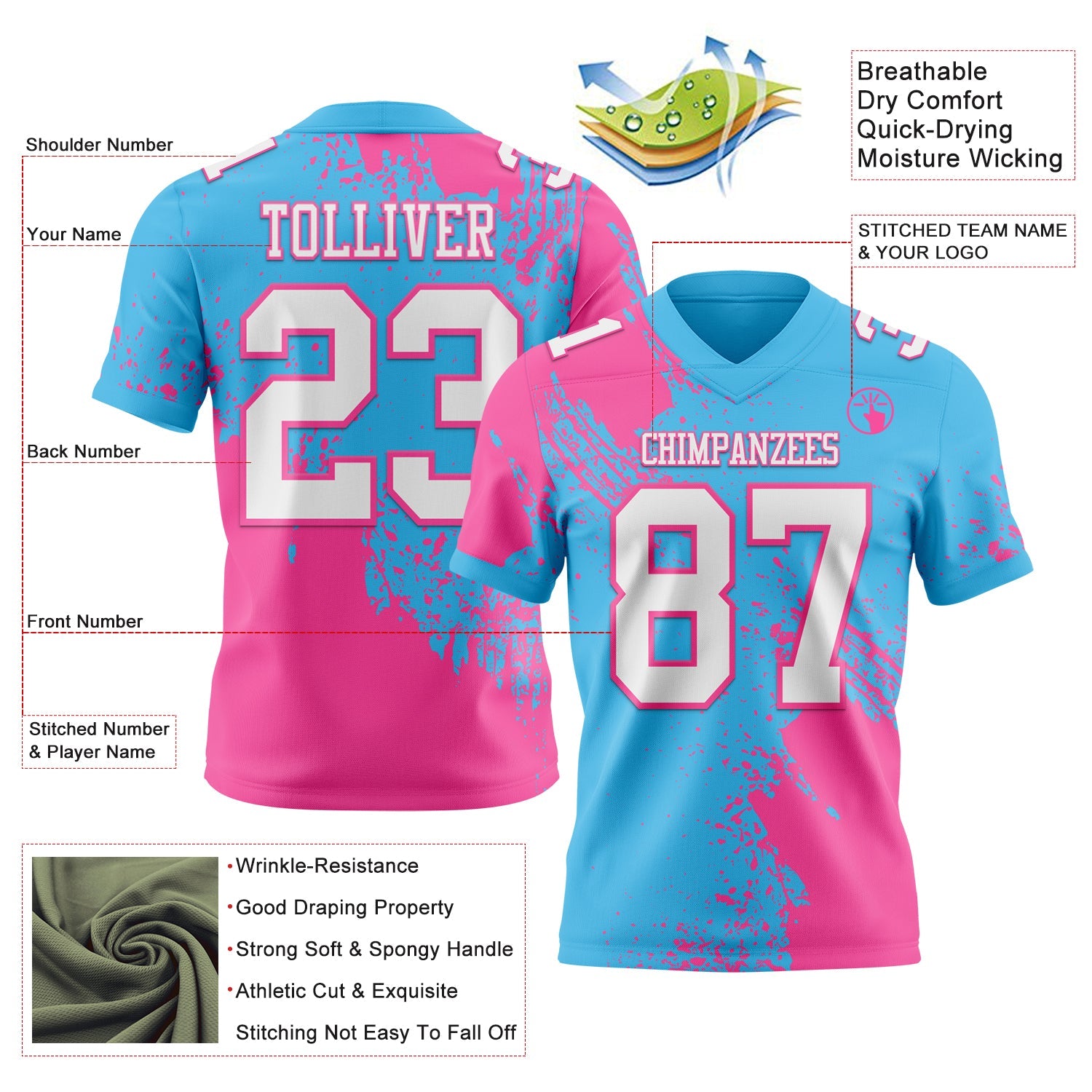 Custom Sky Blue White-Pink 3D Pattern Abstract Brush Stroke Authentic Football Jersey view 2