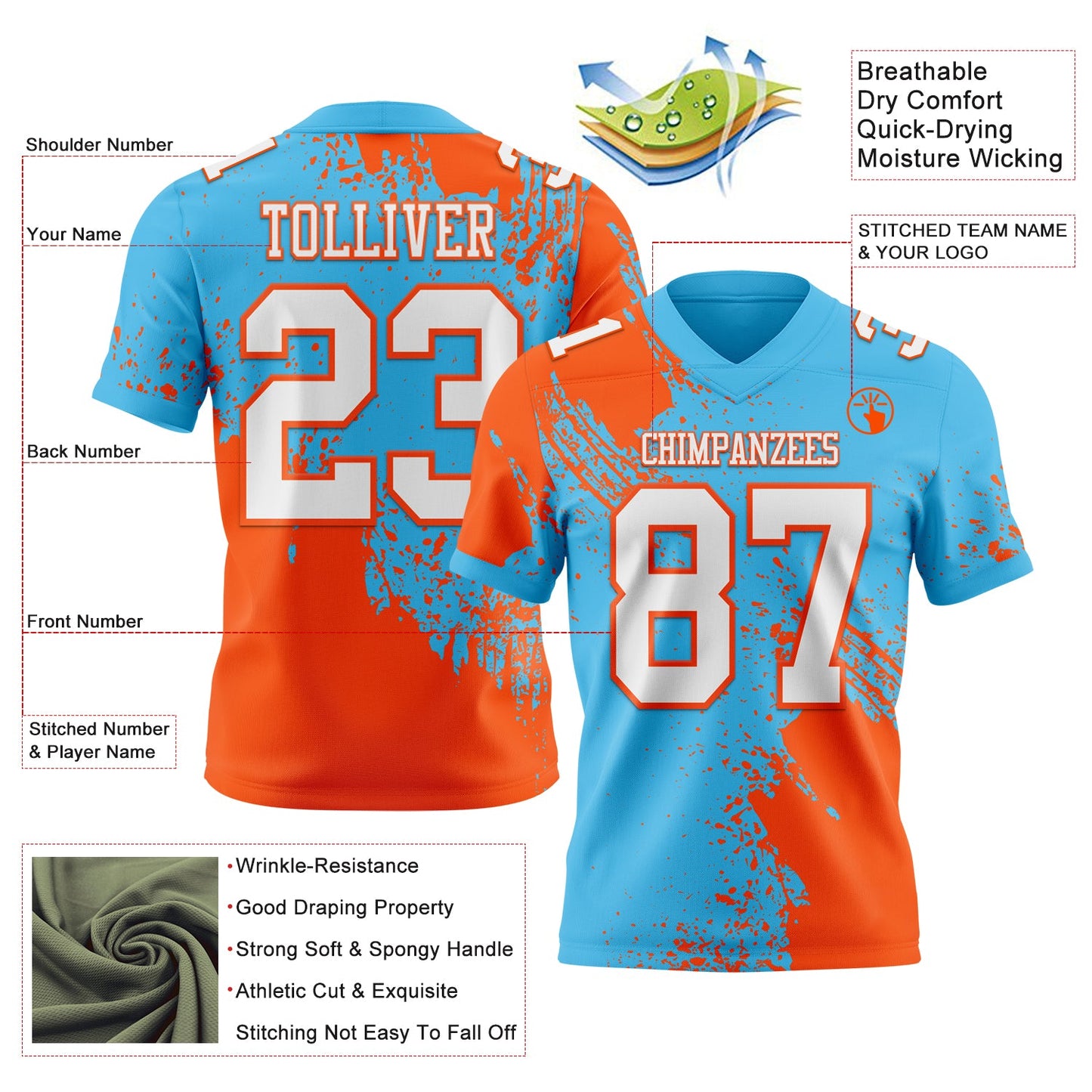 Custom Sky Blue White-Orange 3D Pattern Abstract Brush Stroke Authentic Football Jersey view 2