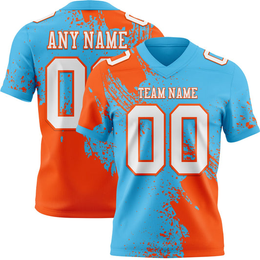 Custom Sky Blue White-Orange 3D Pattern Abstract Brush Stroke Authentic Football Jersey - Main View