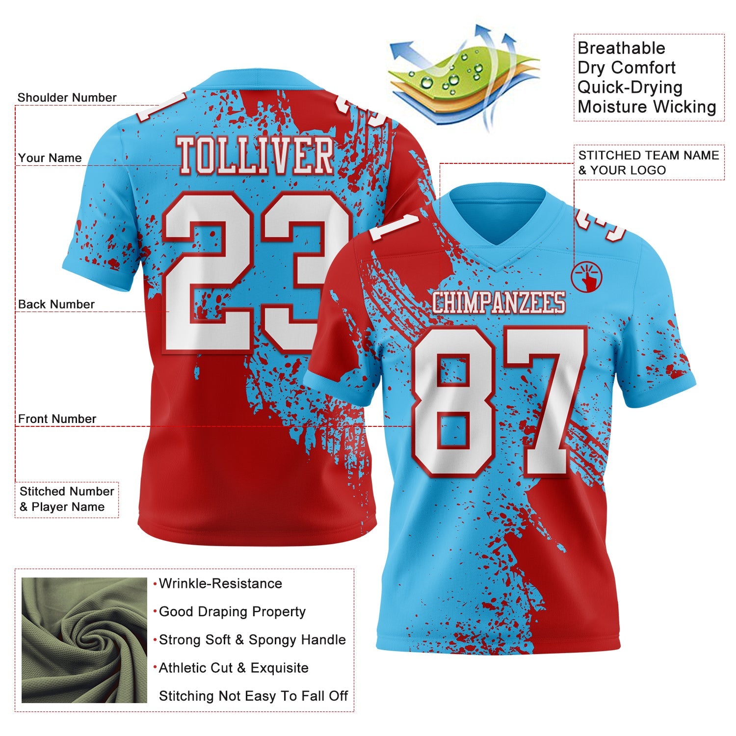 Custom Sky Blue White-Red 3D Pattern Abstract Brush Stroke Authentic Football Jersey view 2