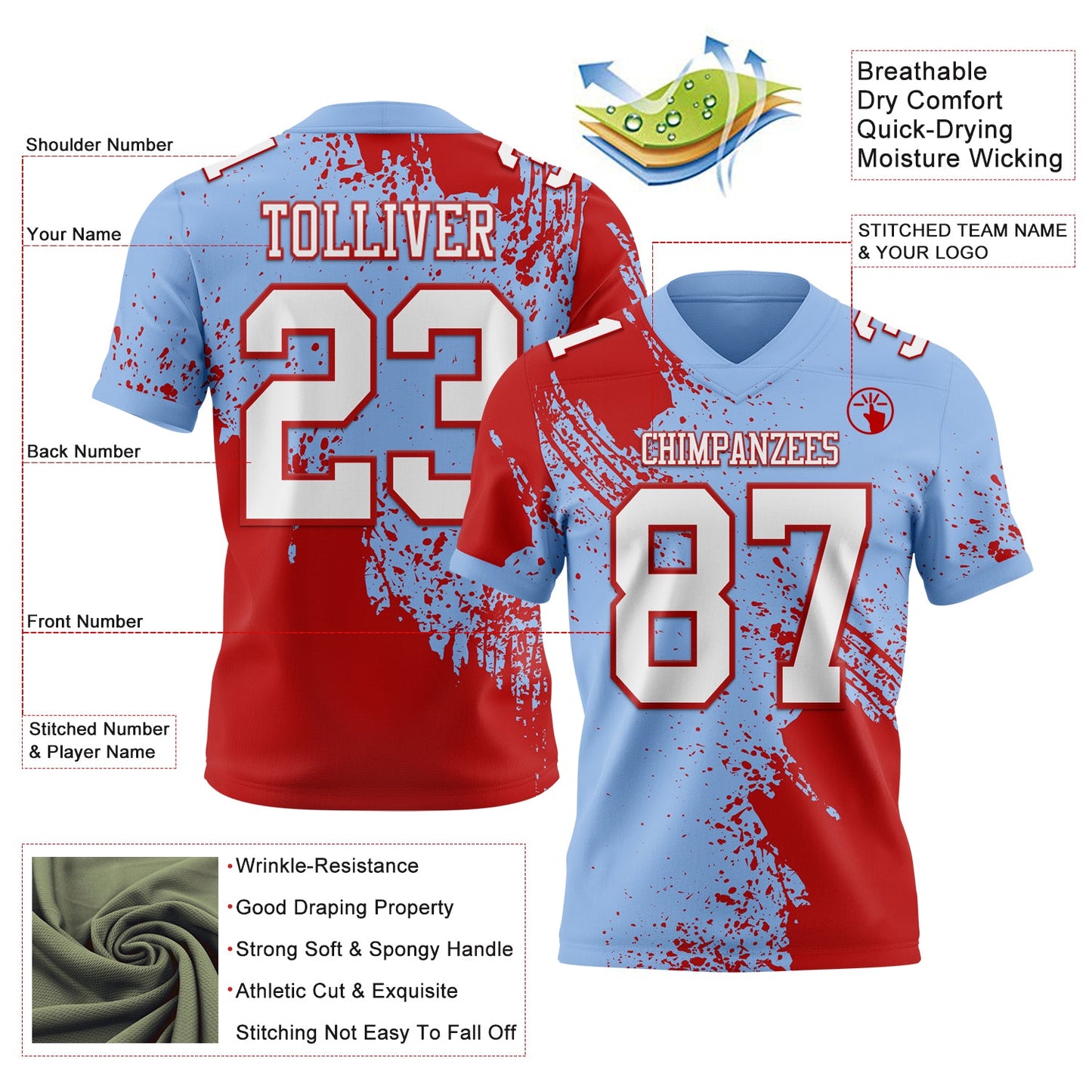Custom Light Blue White-Red 3D Pattern Abstract Brush Stroke Authentic Football Jersey view 2