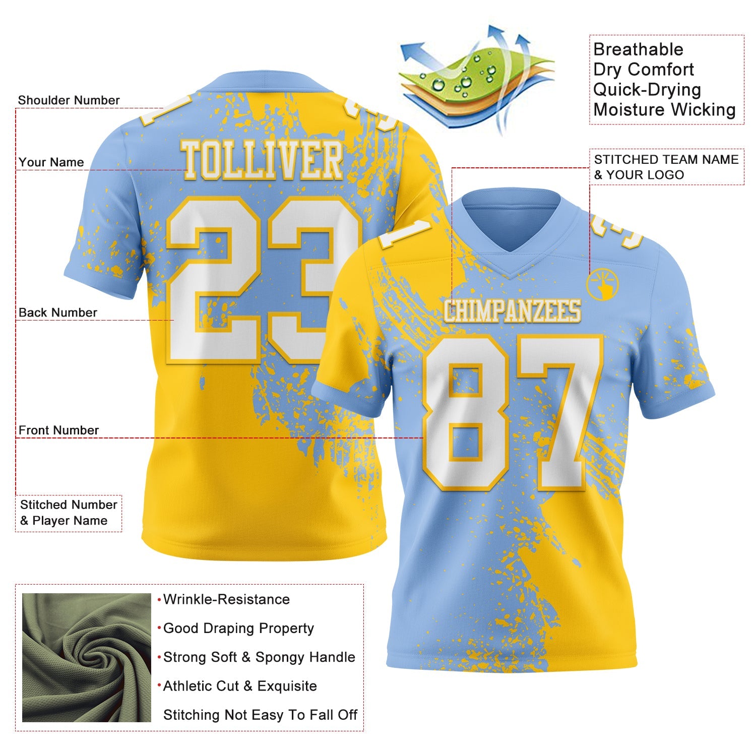 Custom Light Blue White-Yellow 3D Pattern Abstract Brush Stroke Authentic Football Jersey view 2