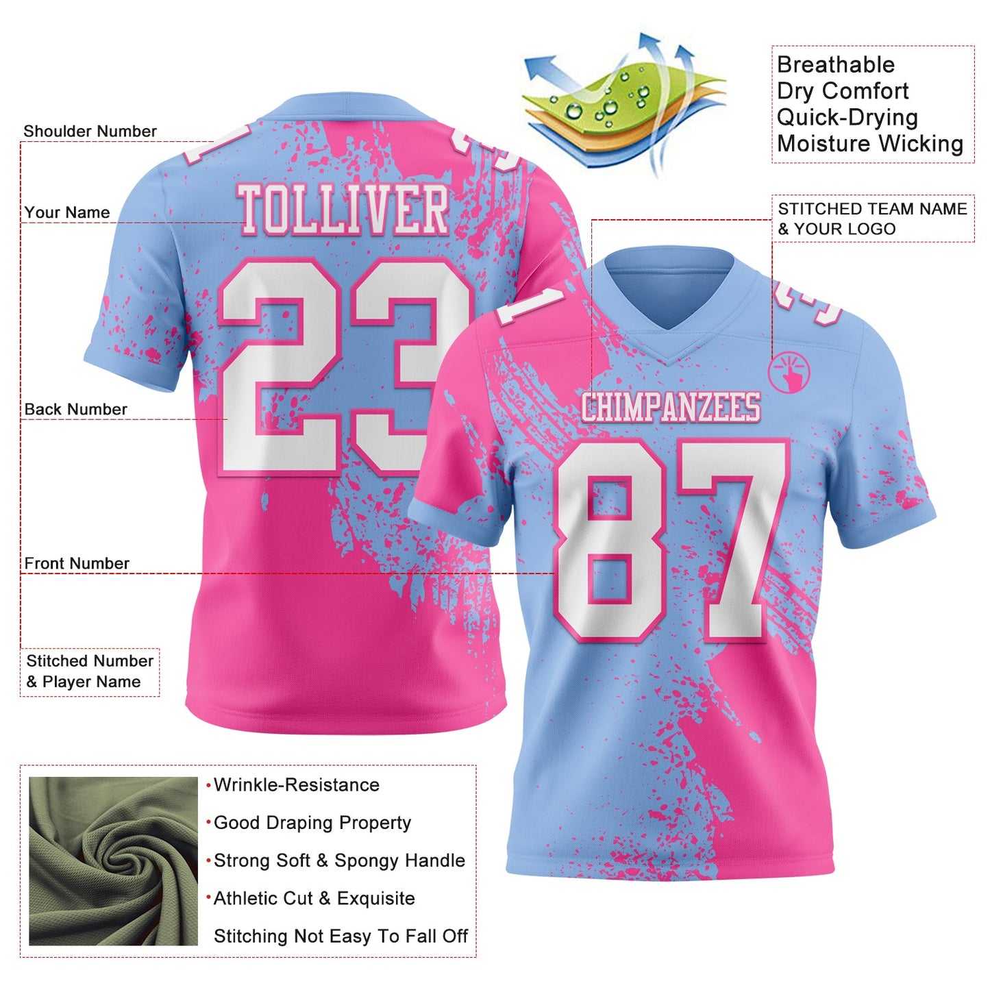 Custom Light Blue White-Pink 3D Pattern Abstract Brush Stroke Authentic Football Jersey view 2