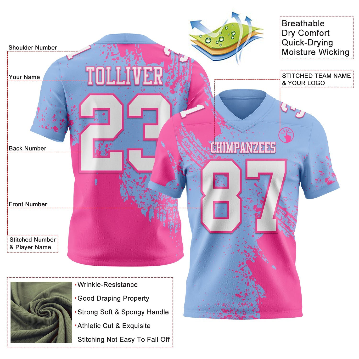 Custom Light Blue White-Pink 3D Pattern Abstract Brush Stroke Authentic Football Jersey view 2