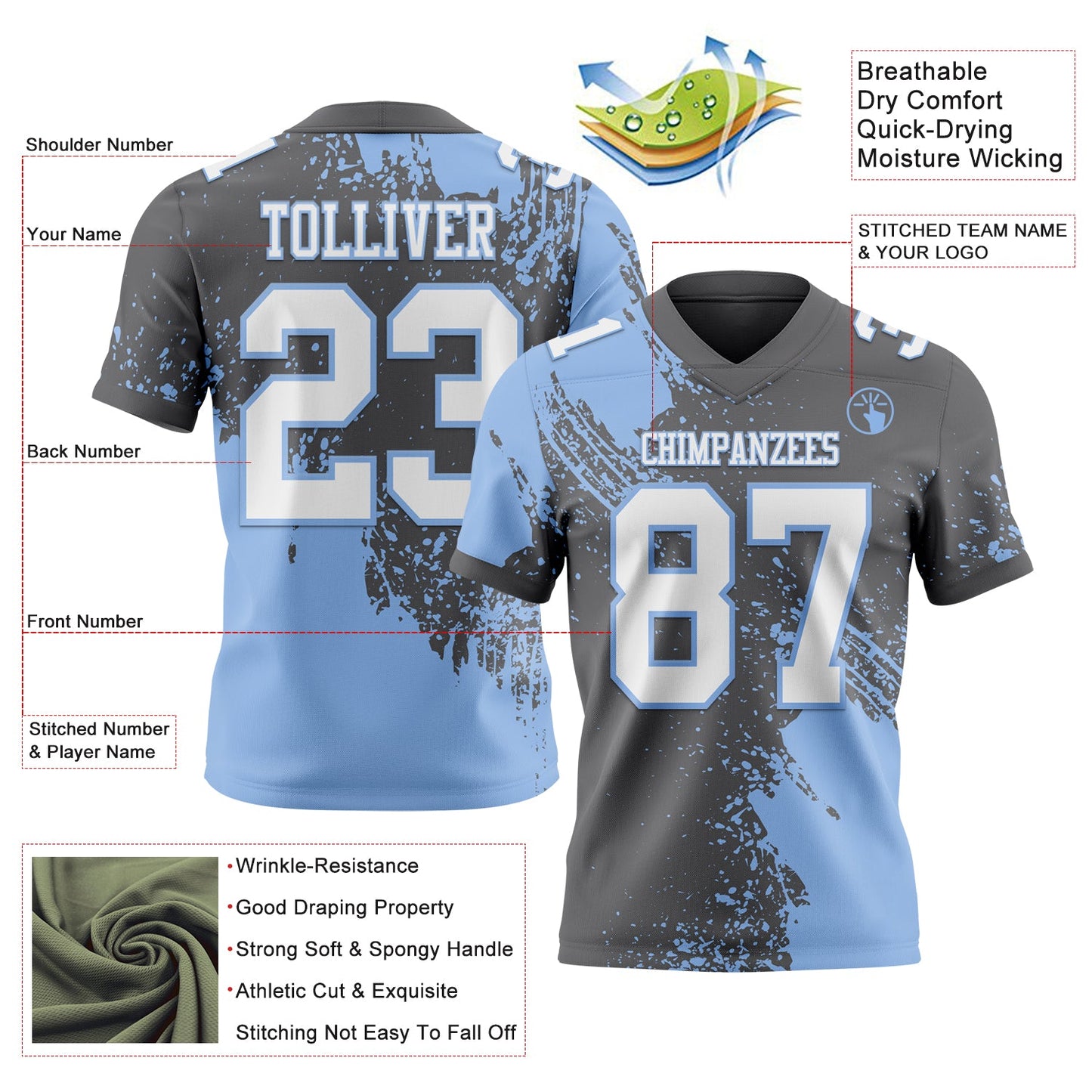 Custom Steel Gray White-Light Blue 3D Pattern Abstract Brush Stroke Authentic Football Jersey view 2