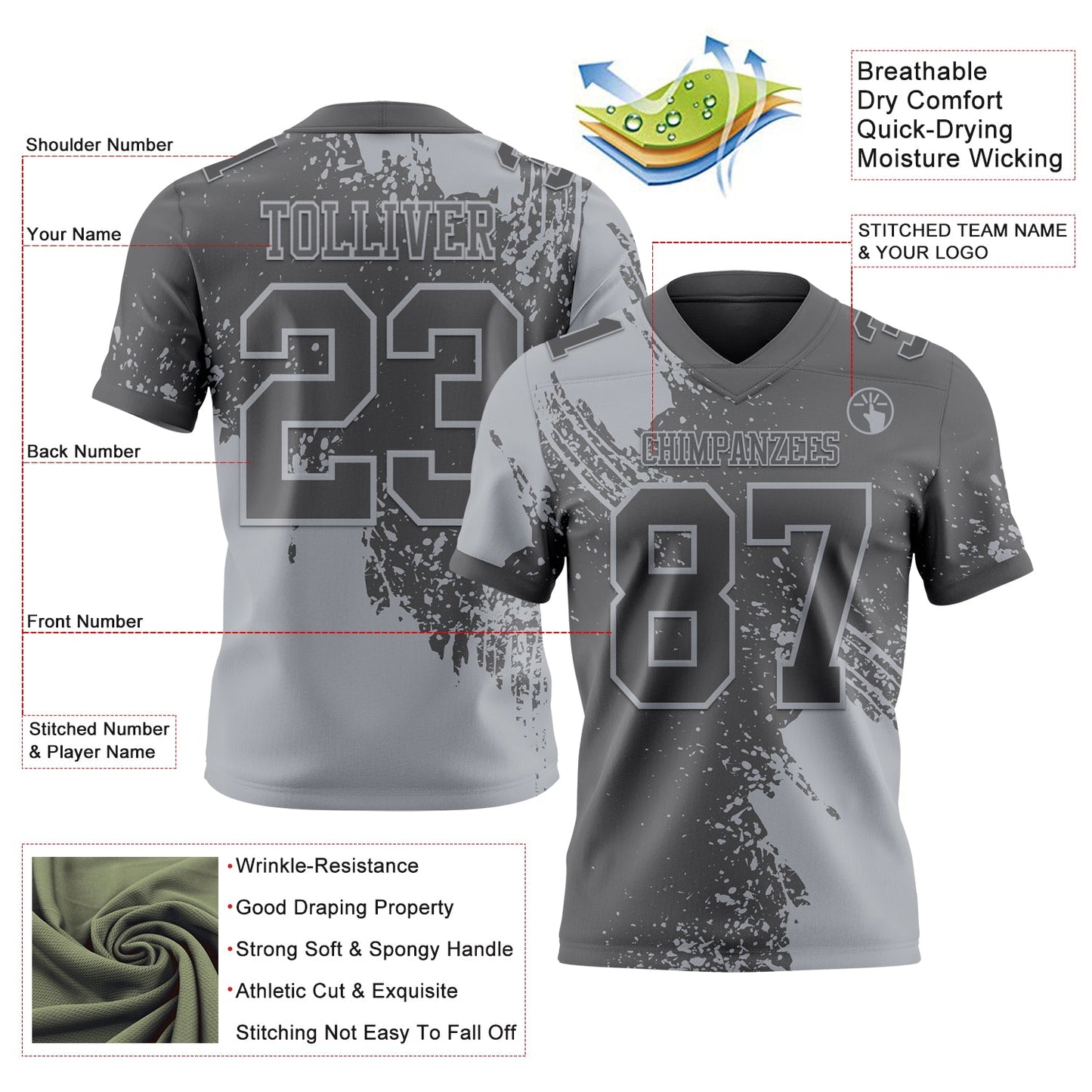 Custom Steel Gray Gray 3D Pattern Abstract Brush Stroke Authentic Football Jersey view 2