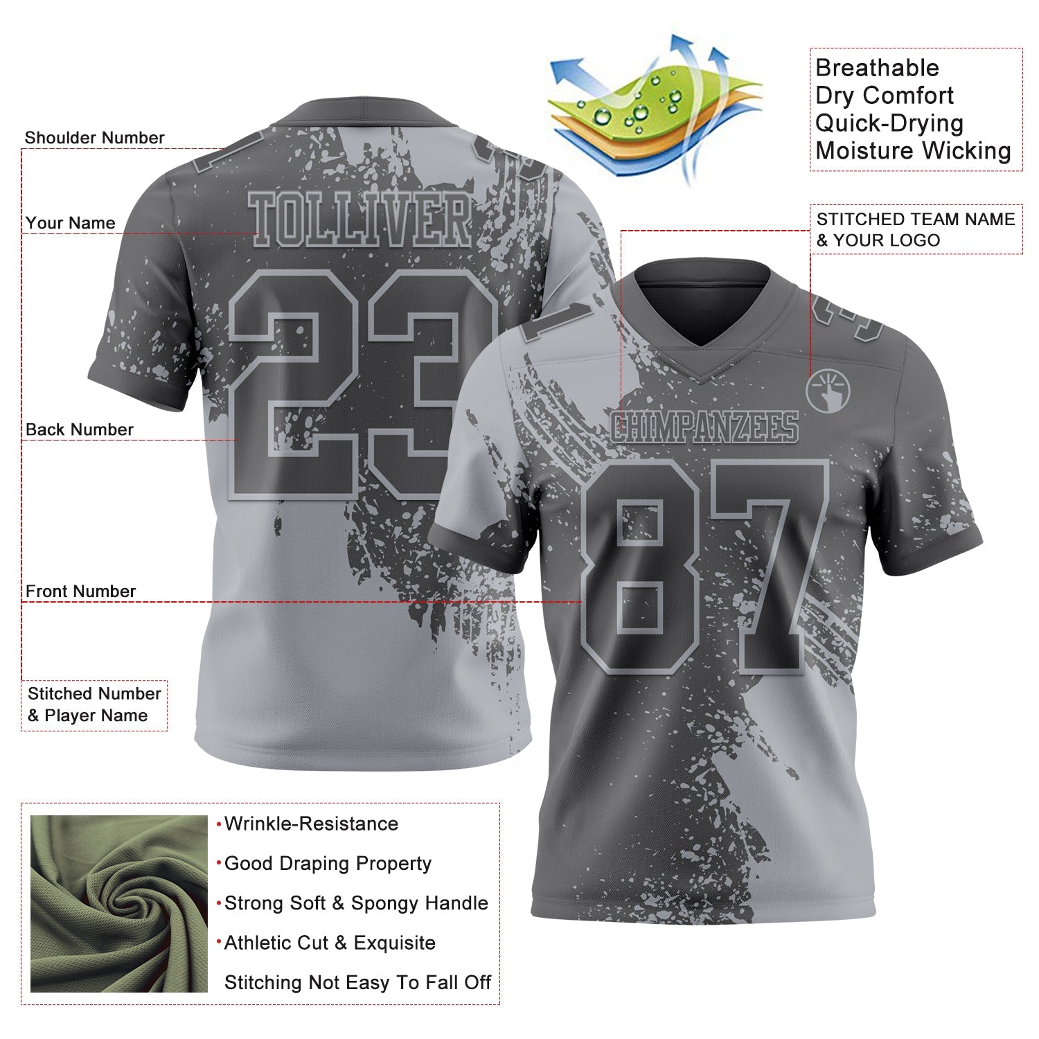 Custom Steel Gray Gray 3D Pattern Abstract Brush Stroke Authentic Football Jersey view 2