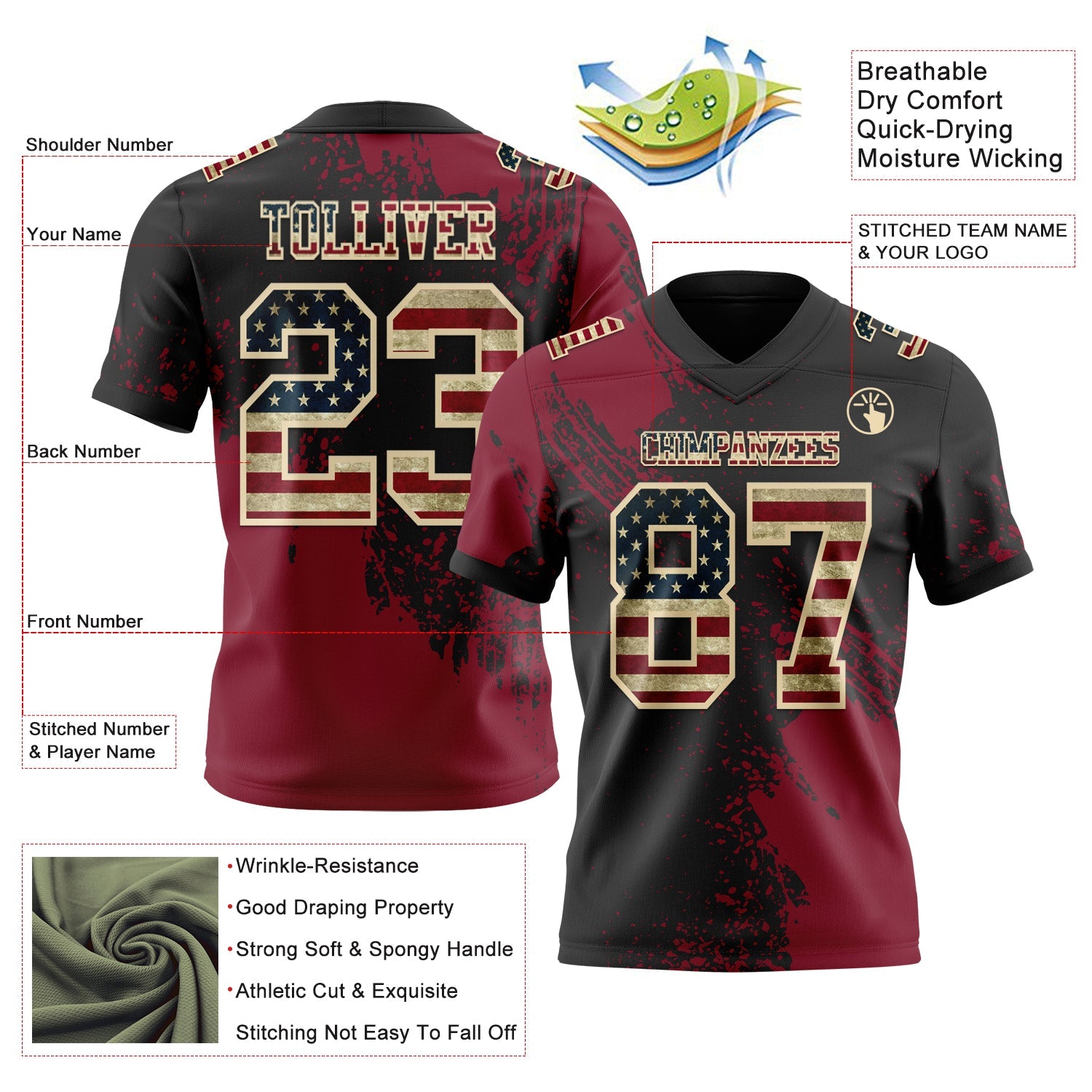Custom Black Vintage USA Flag Crimson-Cream 3D Pattern Abstract Brush Stroke Authentic Football Jersey view 2