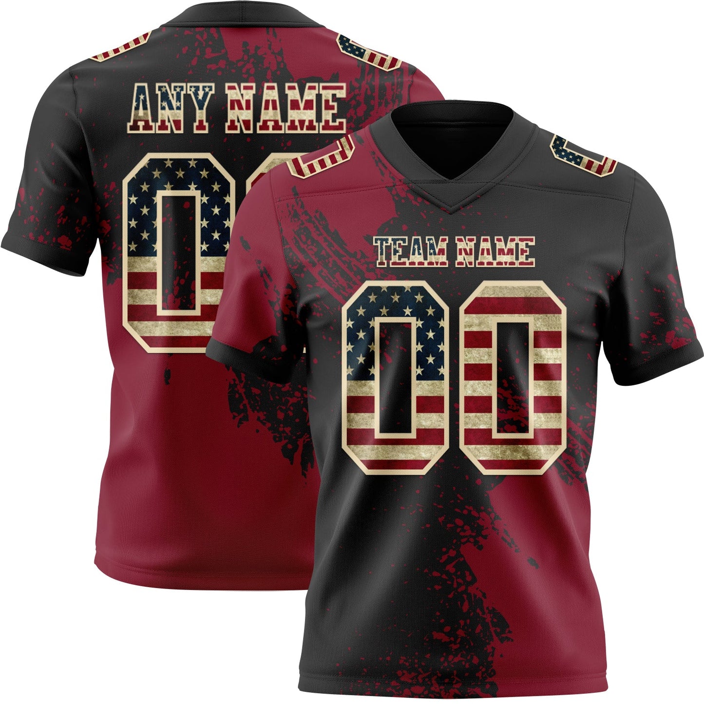Custom Black Vintage USA Flag Crimson-Cream 3D Pattern Abstract Brush Stroke Authentic Football Jersey - Main View