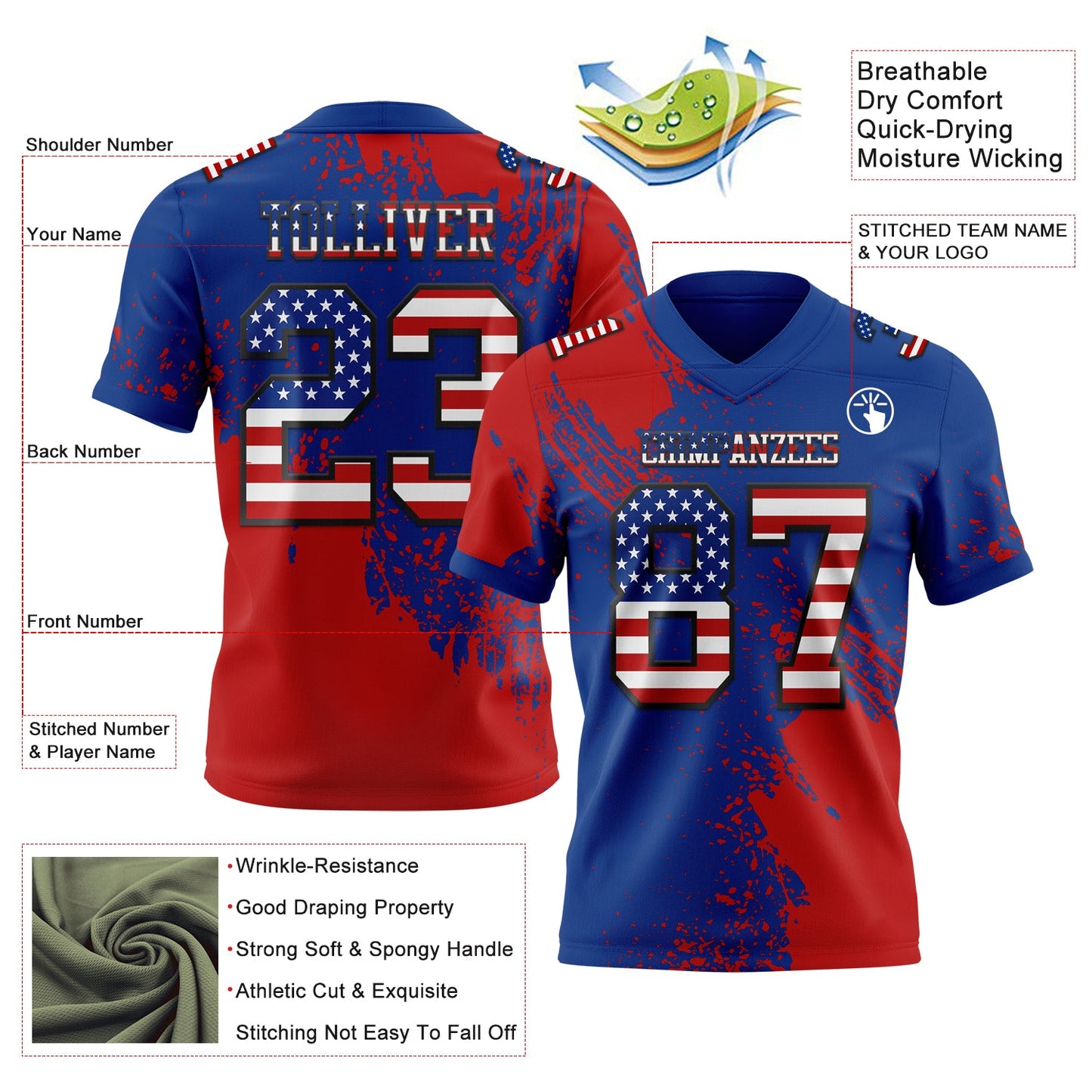 Custom Royal USA Flag Red-Black 3D Pattern Abstract Brush Stroke Authentic Football Jersey view 2