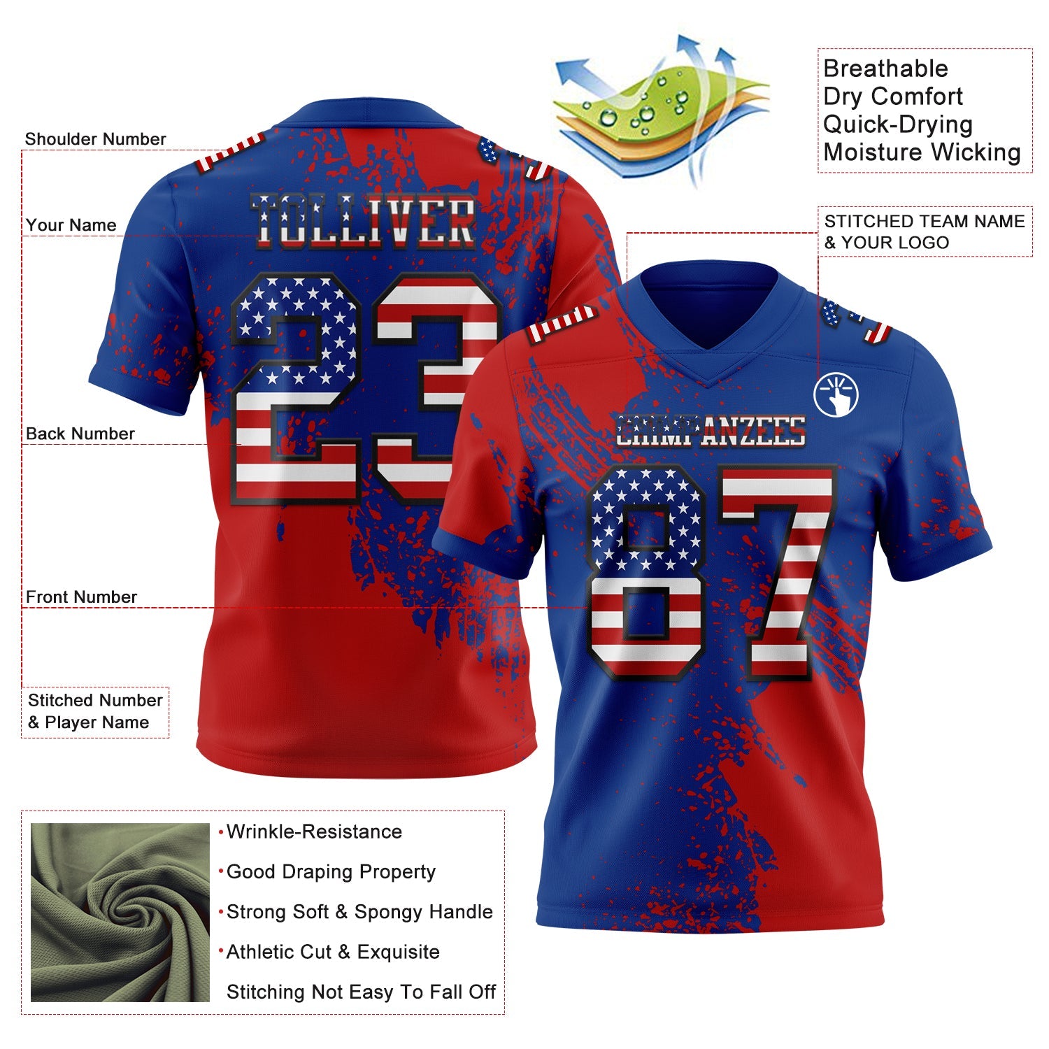 Custom Royal USA Flag Red-Black 3D Pattern Abstract Brush Stroke Authentic Football Jersey view 2