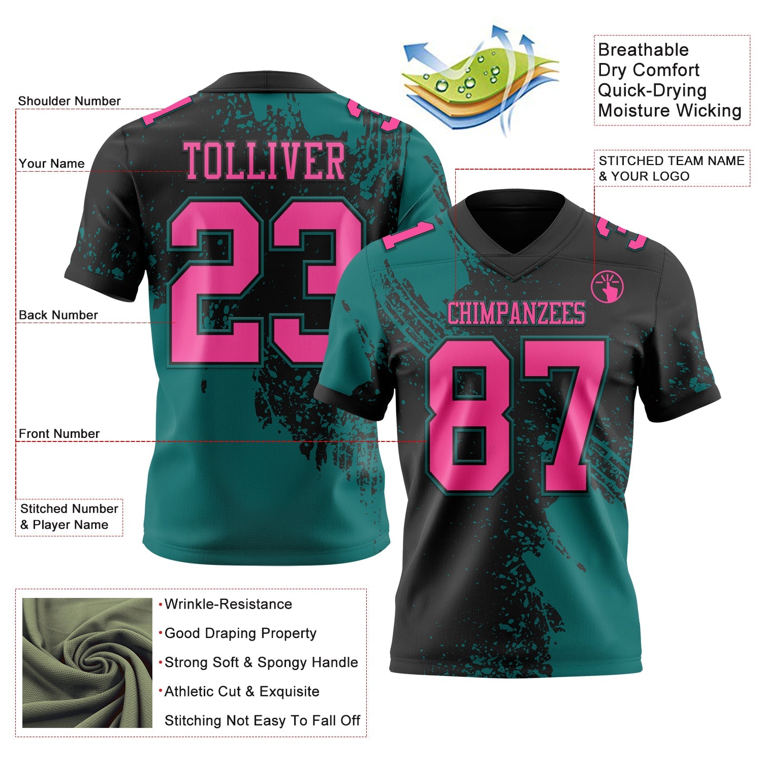 Custom Black Pink-Teal 3D Pattern Abstract Brush Stroke Authentic Football Jersey view 2