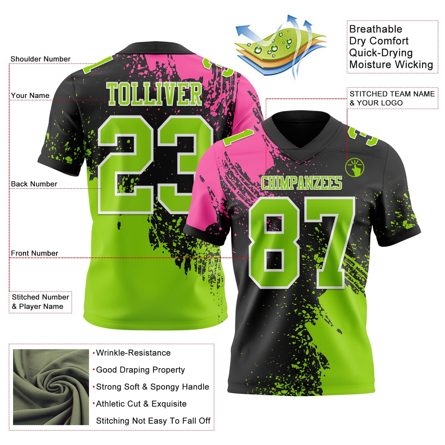 Custom Black Neon Green-Pink 3D Pattern Abstract Brush Stroke Authentic Football Jersey view 2