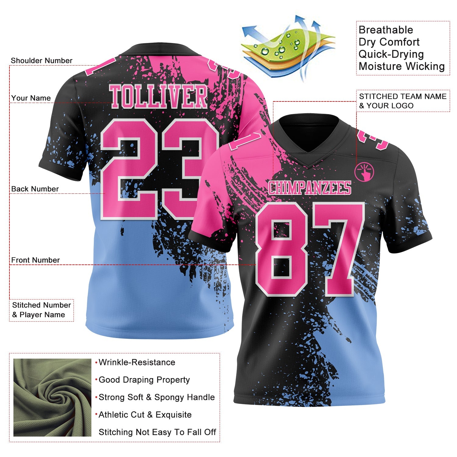 Custom Black Pink Light Blue-White 3D Pattern Abstract Brush Stroke Authentic Football Jersey view 2