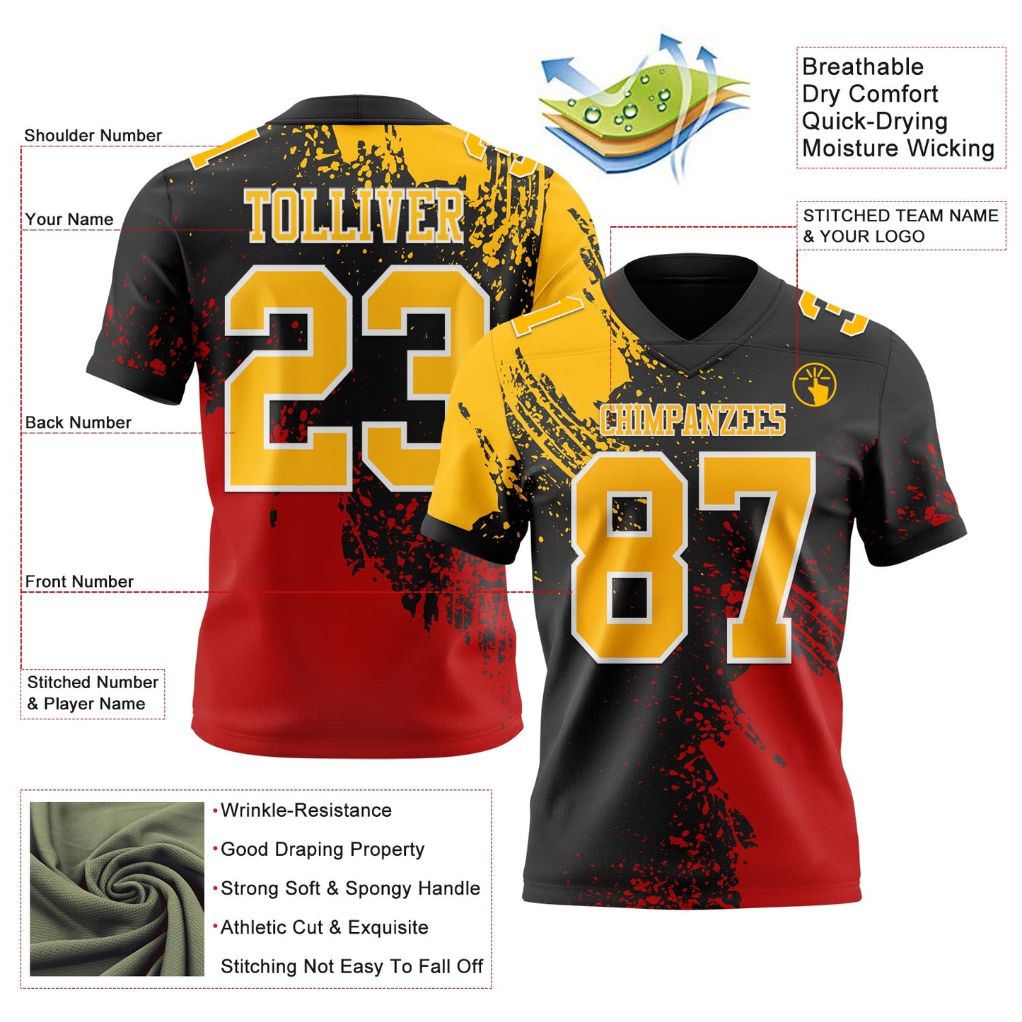 Custom Black Gold Red-White 3D Pattern Abstract Brush Stroke Authentic Football Jersey view 2