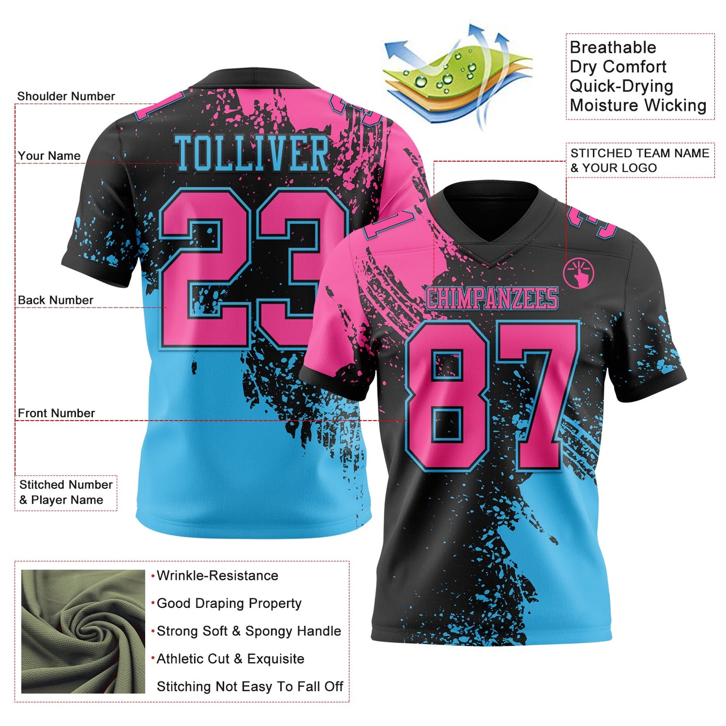 Custom Black Pink-Sky Blue 3D Pattern Abstract Brush Stroke Authentic Football Jersey view 2