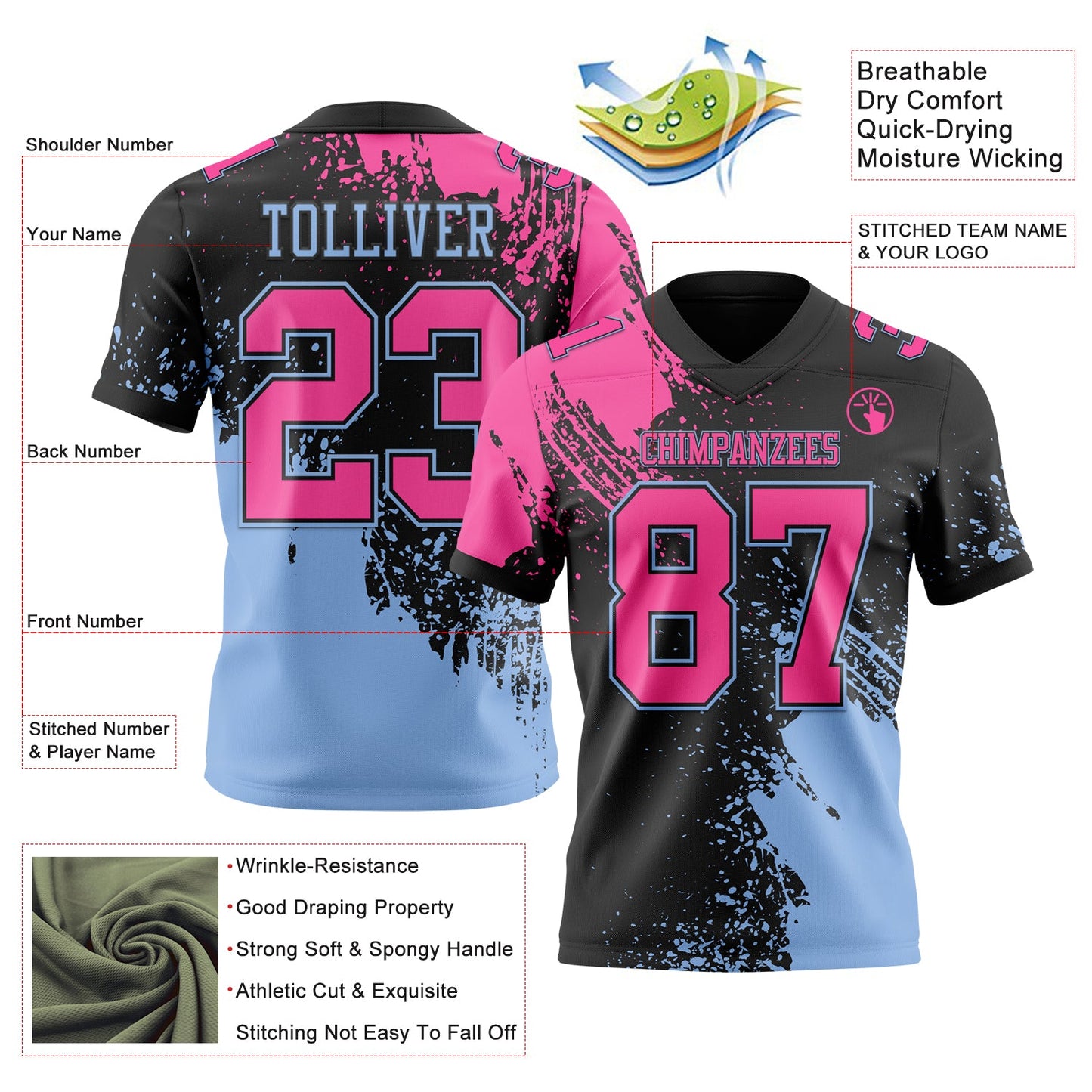 Custom Black Pink-Light Blue 3D Pattern Abstract Brush Stroke Authentic Football Jersey view 2