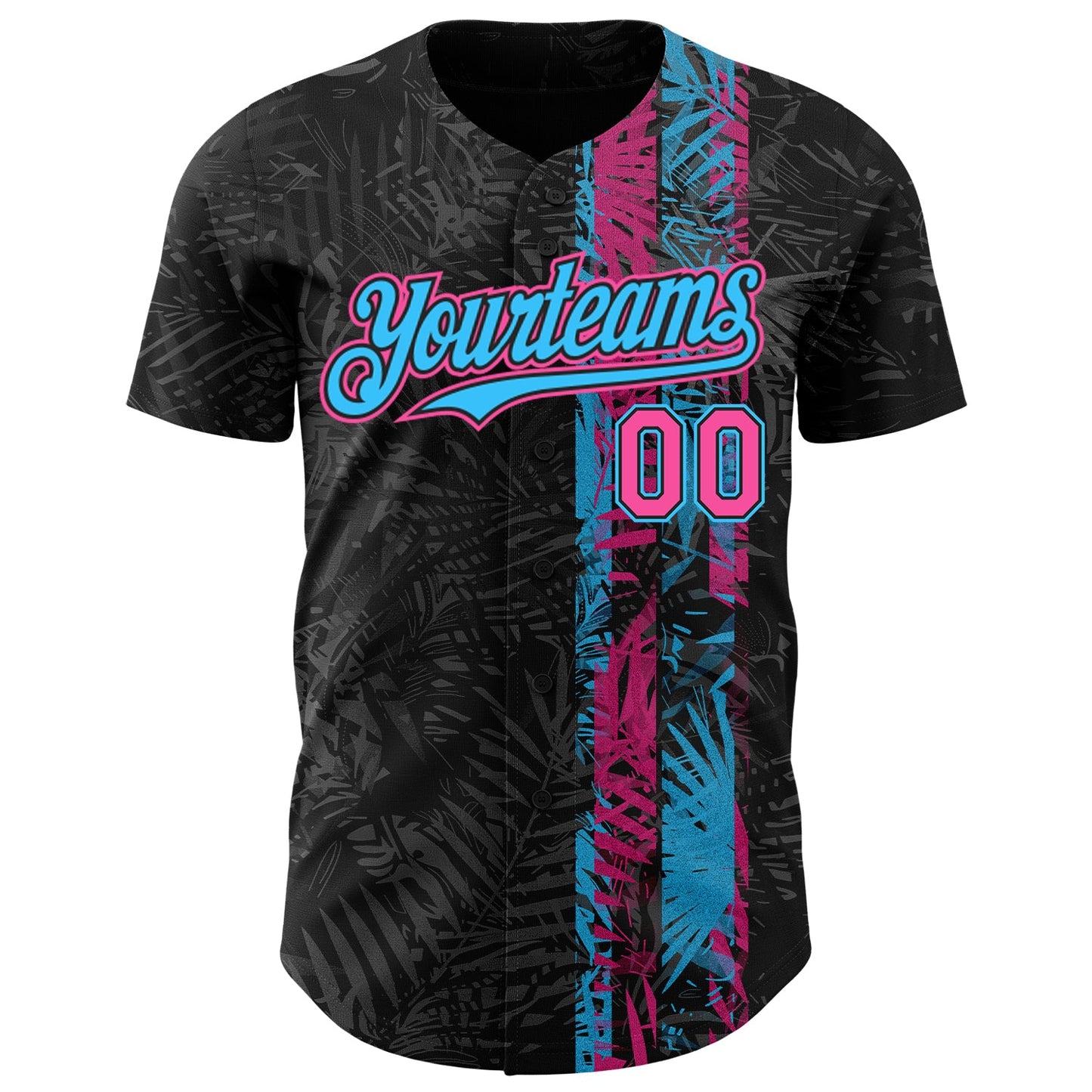 Custom Black Pink-Sky Blue Hawaii Tropical Palm Leaves Authentic Baseball Jersey view 2