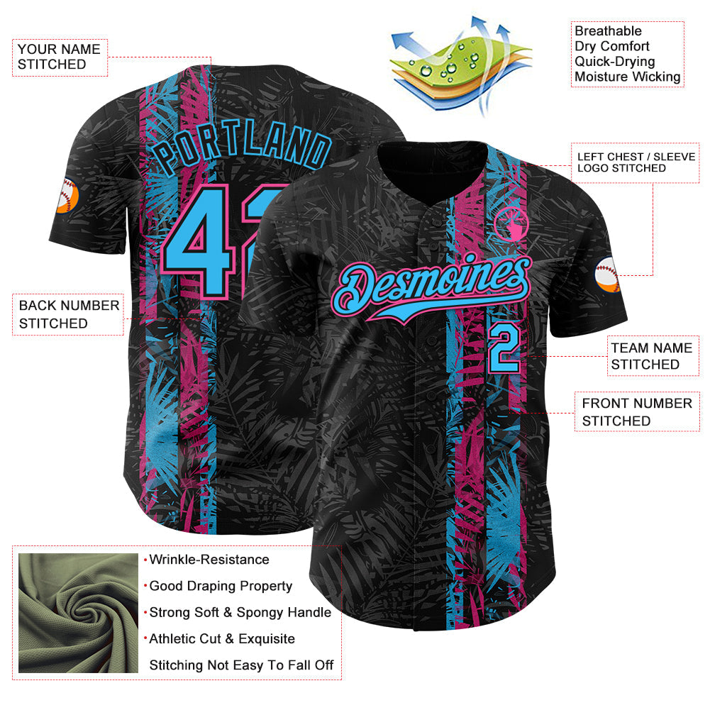 Custom Black Pink-Sky Blue Hawaii Tropical Palm Leaves Authentic Baseball Jersey view 3