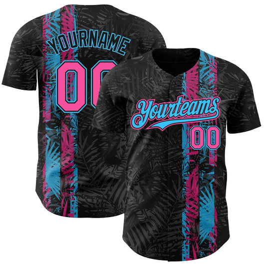 Custom Black Pink-Sky Blue Hawaii Tropical Palm Leaves Authentic Baseball Jersey - Main View