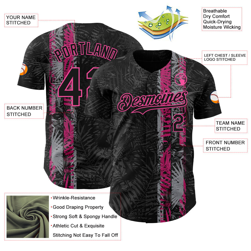 Custom Black Pink Hawaii Tropical Palm Leaves Authentic Baseball Jersey view 3