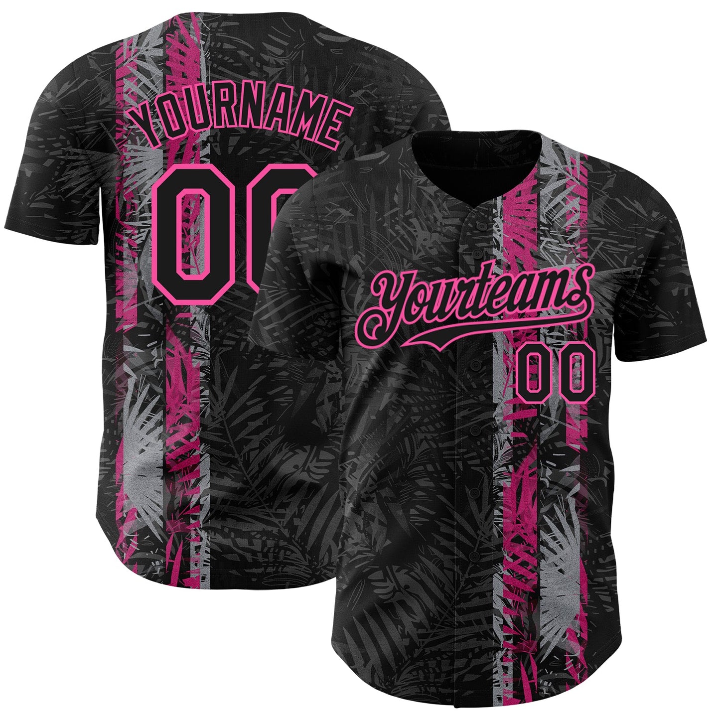 Custom Black Pink Hawaii Tropical Palm Leaves Authentic Baseball Jersey - Main View