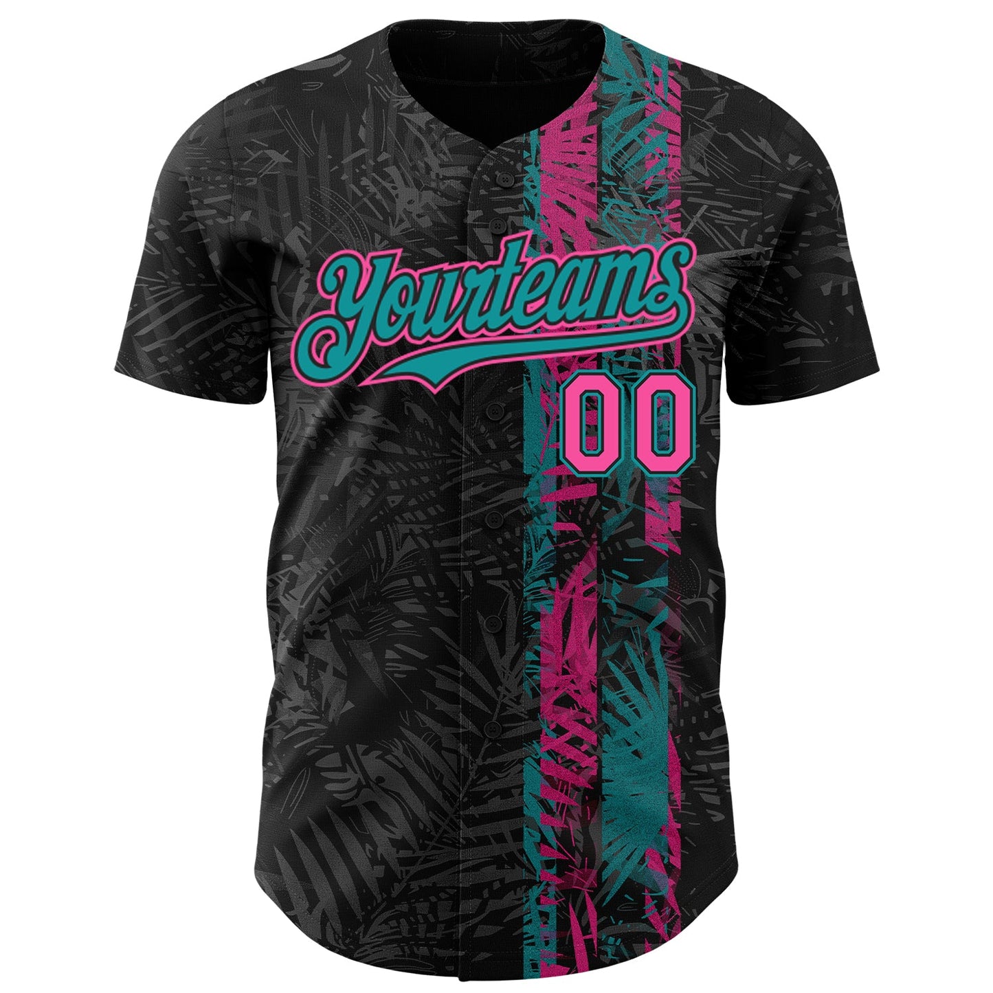 Custom Black Pink-Teal Hawaii Tropical Palm Leaves Authentic Baseball Jersey view 2