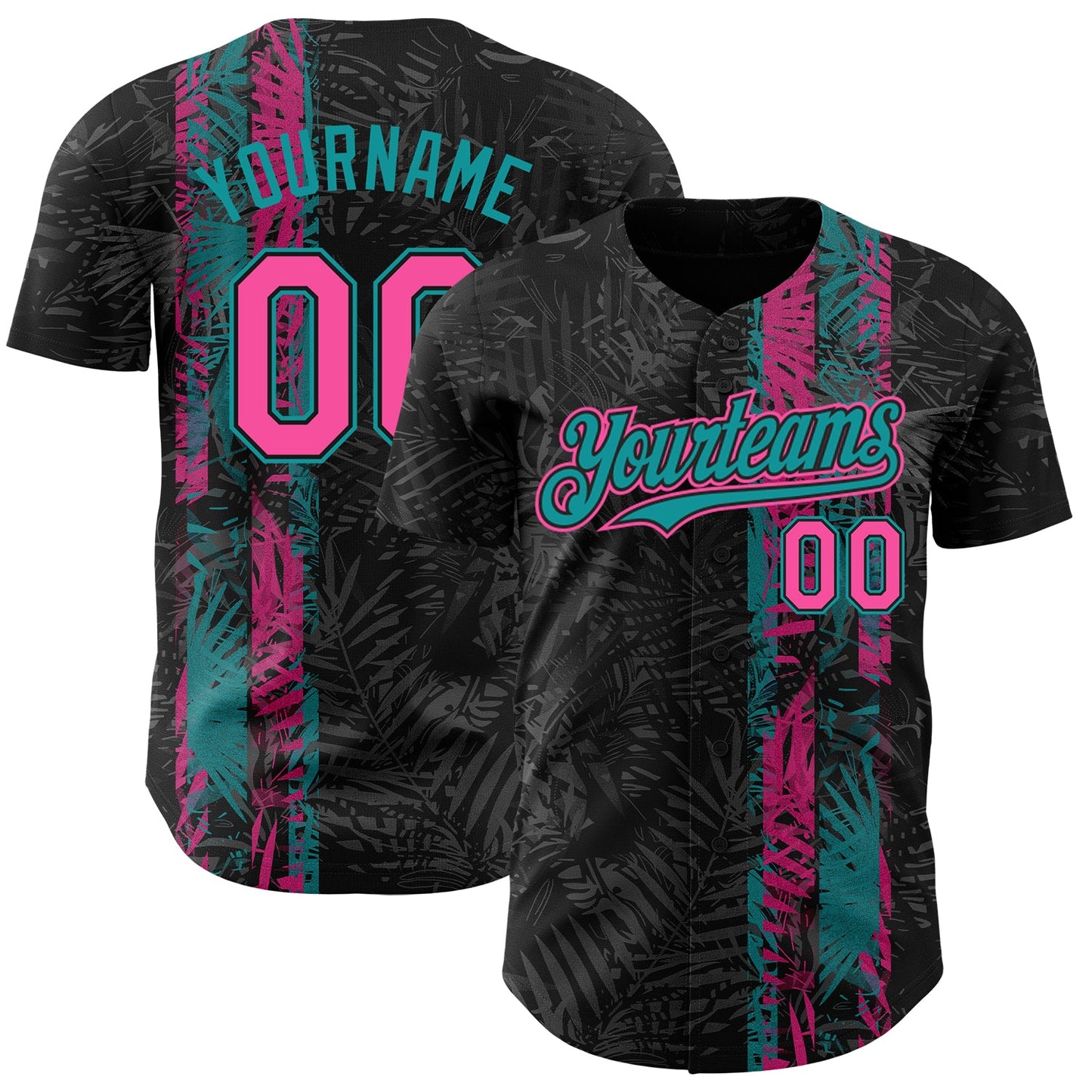 Custom Black Pink-Teal Hawaii Tropical Palm Leaves Authentic Baseball Jersey - Main View