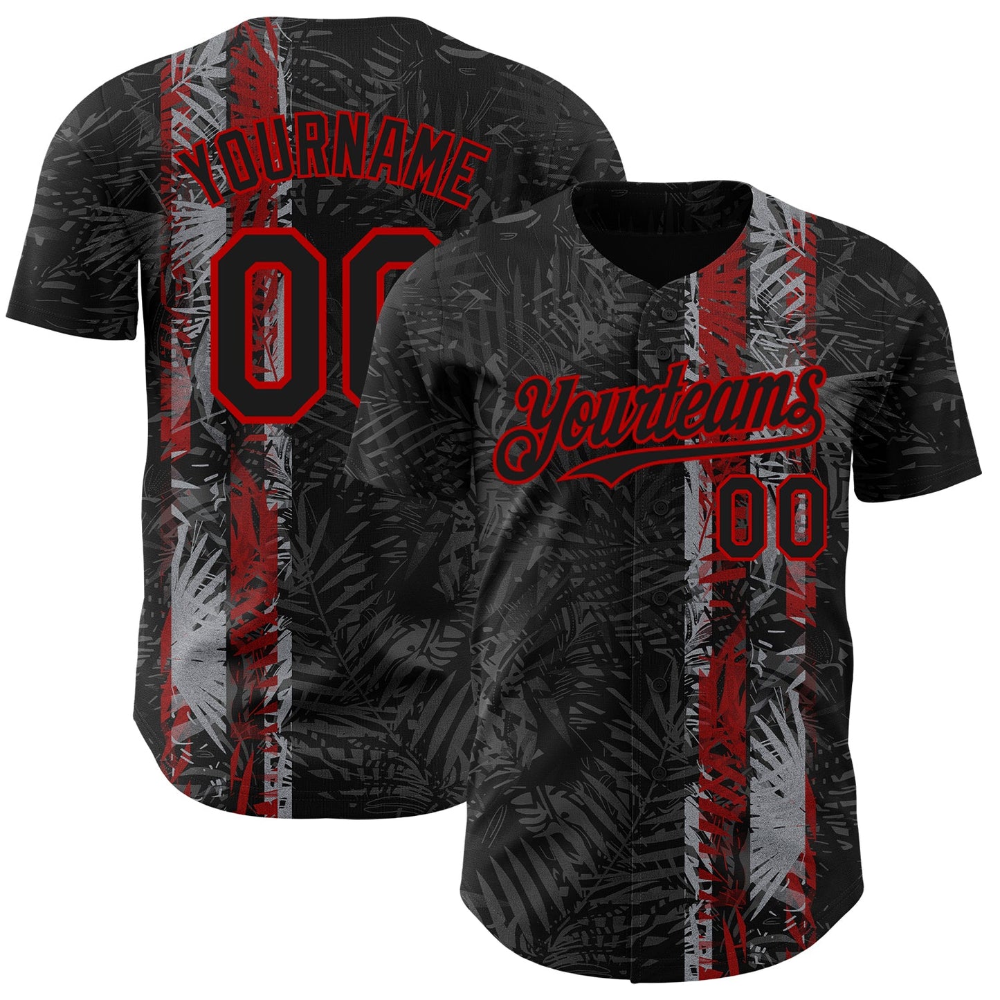 Custom Black Red Hawaii Tropical Palm Leaves Authentic Baseball Jersey - Main View