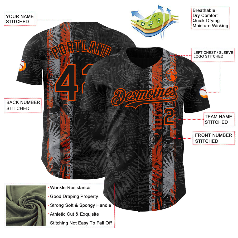 Custom Black Orange Hawaii Tropical Palm Leaves Authentic Baseball Jersey view 3