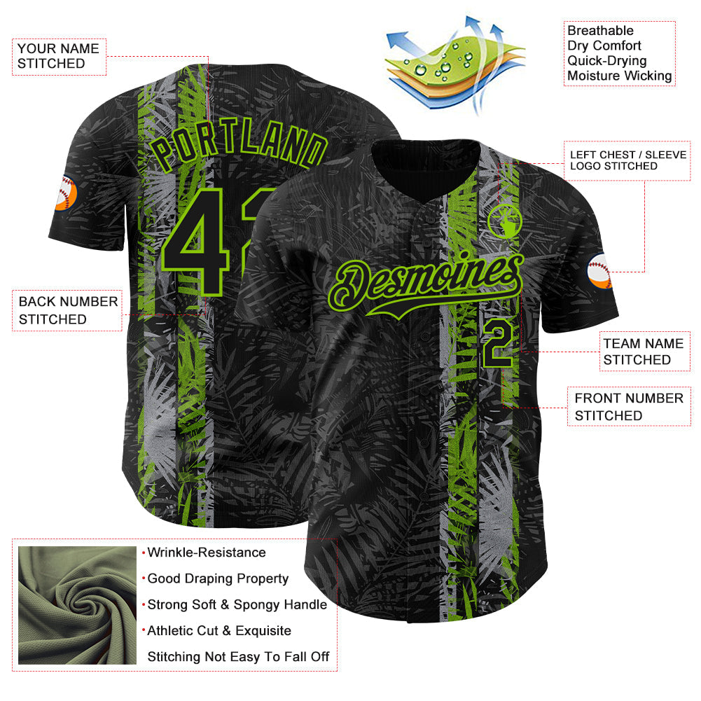 Custom Black Neon Green Hawaii Tropical Palm Leaves Authentic Baseball Jersey view 3