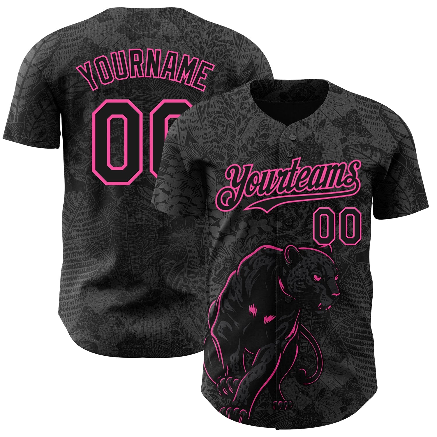 Custom Black Pink Hawaii Tropical Palm Leaves And Animal Leopard Authentic Baseball Jersey - Main View