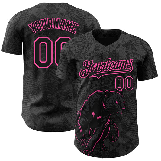 Custom Black Pink Hawaii Tropical Palm Leaves And Animal Leopard Authentic Baseball Jersey - Main View