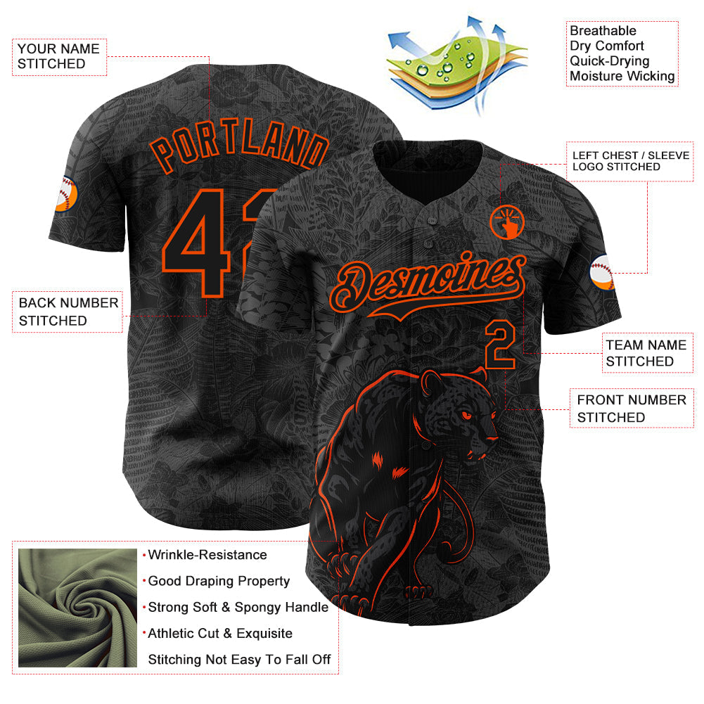 Custom Black Orange Hawaii Tropical Palm Leaves And Animal Leopard Authentic Baseball Jersey view 3