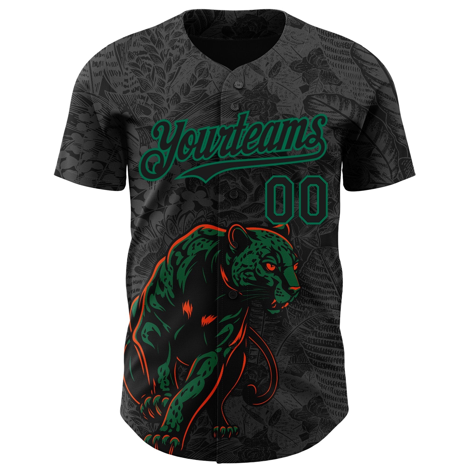 Custom Black Kelly Green Hawaii Tropical Palm Leaves And Animal Leopard Authentic Baseball Jersey view 2
