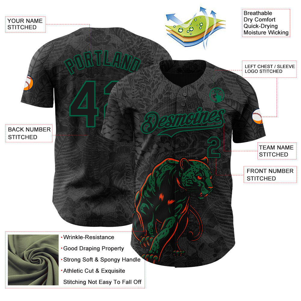 Custom Black Kelly Green Hawaii Tropical Palm Leaves And Animal Leopard Authentic Baseball Jersey view 3