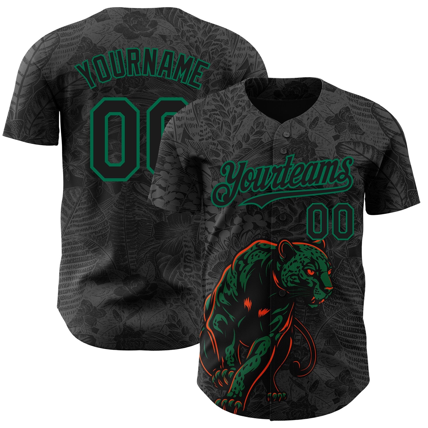 Custom Black Kelly Green Hawaii Tropical Palm Leaves And Animal Leopard Authentic Baseball Jersey - Main View