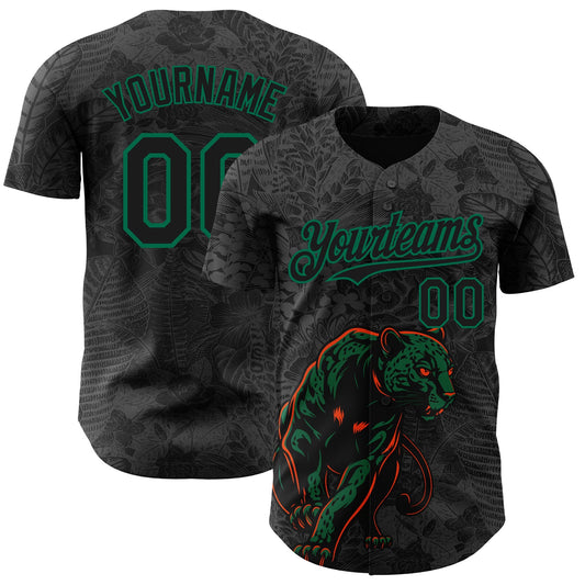 Custom Black Kelly Green Hawaii Tropical Palm Leaves And Animal Leopard Authentic Baseball Jersey - Main View